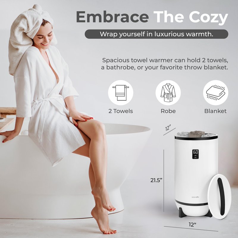 SereneLife Towel Warmer Bucket Style – Portable Blanket Heater for Spa and Bathroom, Large Capacity, Customizable Fragrance, Auto Shut-Off, Fits 2 Large Towels or Blankets, One-Touch Control, Black