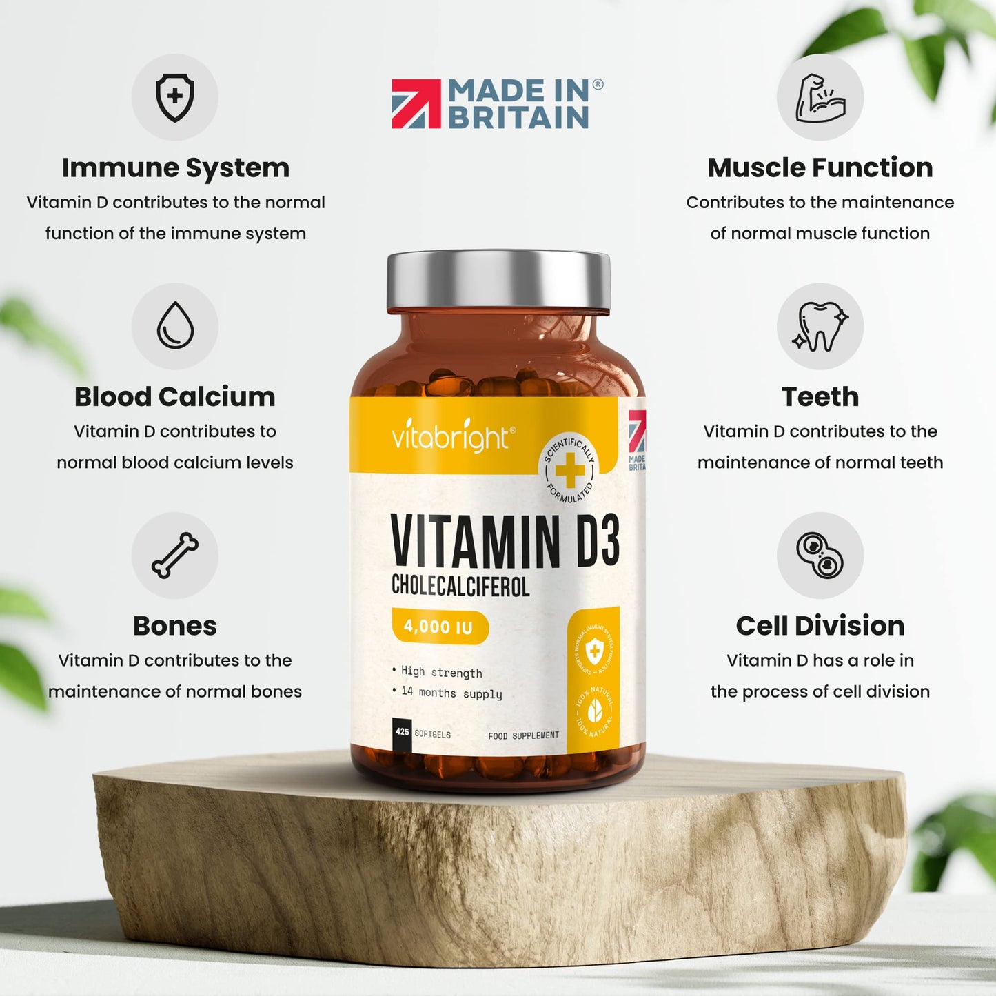 Vitamin D3 4000 IU Daily | 425 Softgels - 14 Month Supply | High Strength Vitamin D Tablets | Sugar-Free Softgels, NOT VIT D Gummies | VitaBright VIT D3 Supplements for Women & Men