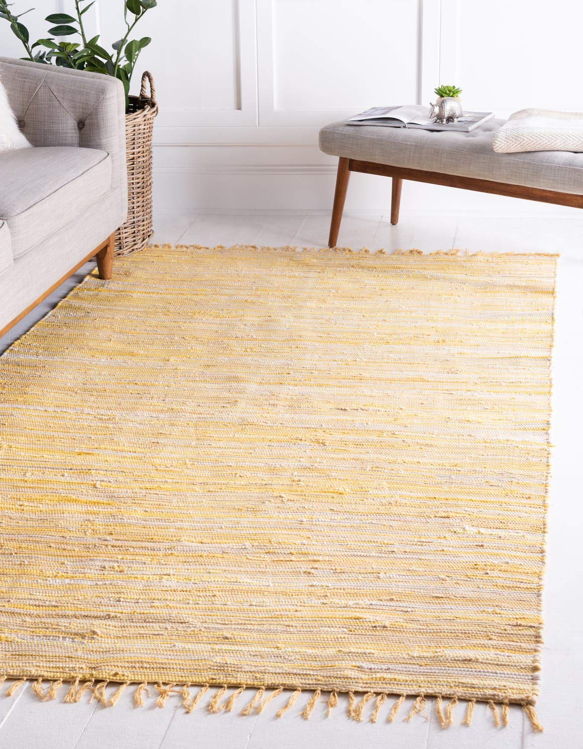 Unique Loom Chindi Cotton Collection Soft Hand Woven Natural Fiber Striped Area Rug, 8 ft x 10 ft, Yellow/Ivory