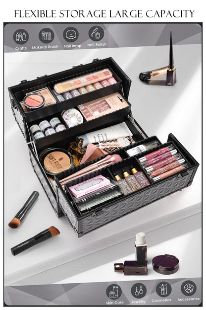 Joligrace Large Makeup Case Makeup Organiser Box Vanity Case Lockable Cosmetic Cases 4 Trays with Shoulder Strap Clasp, Black