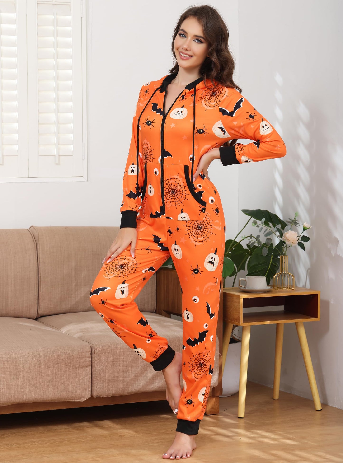 Veseacky Matching Onesies for Couples Zipper Hooded Adult Halloween Onesie Pajamas with Pockets Women Jumpsuit (Orange,XL)