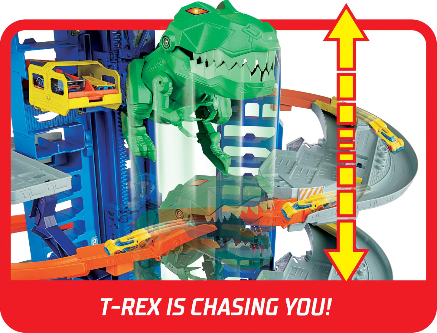 Hot Wheels City Ultimate Garage Playset with Multi-Level Racetrack, 91 cm Tall Moving T-Rex Dinosaur, Parks 100 Cars, Includes 2 Toy Cars, Toys for Ages 5 to 8, One Pack, GJL14
