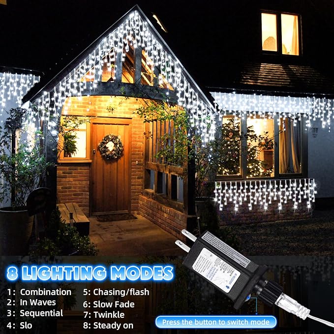 132Ft 1280 LED Christmas Icicle Lights Extra Long 8 Modes Waterproof Icicle String Lights with 240 Drops, Fairy Hanging Lights Decor with Remote for Xmas Wedding Indoor Outdoor(Cold White)