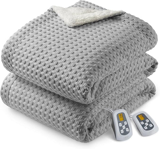 CAROMIO Heated Blanket King Size with LCD Dual Controller, Waffle Weave Fast Heating Electric Blankets, 10 Heat Levels & 1-12H Time Settings, ETL Certified, Machine Washable, Grey, 100" x 90"
