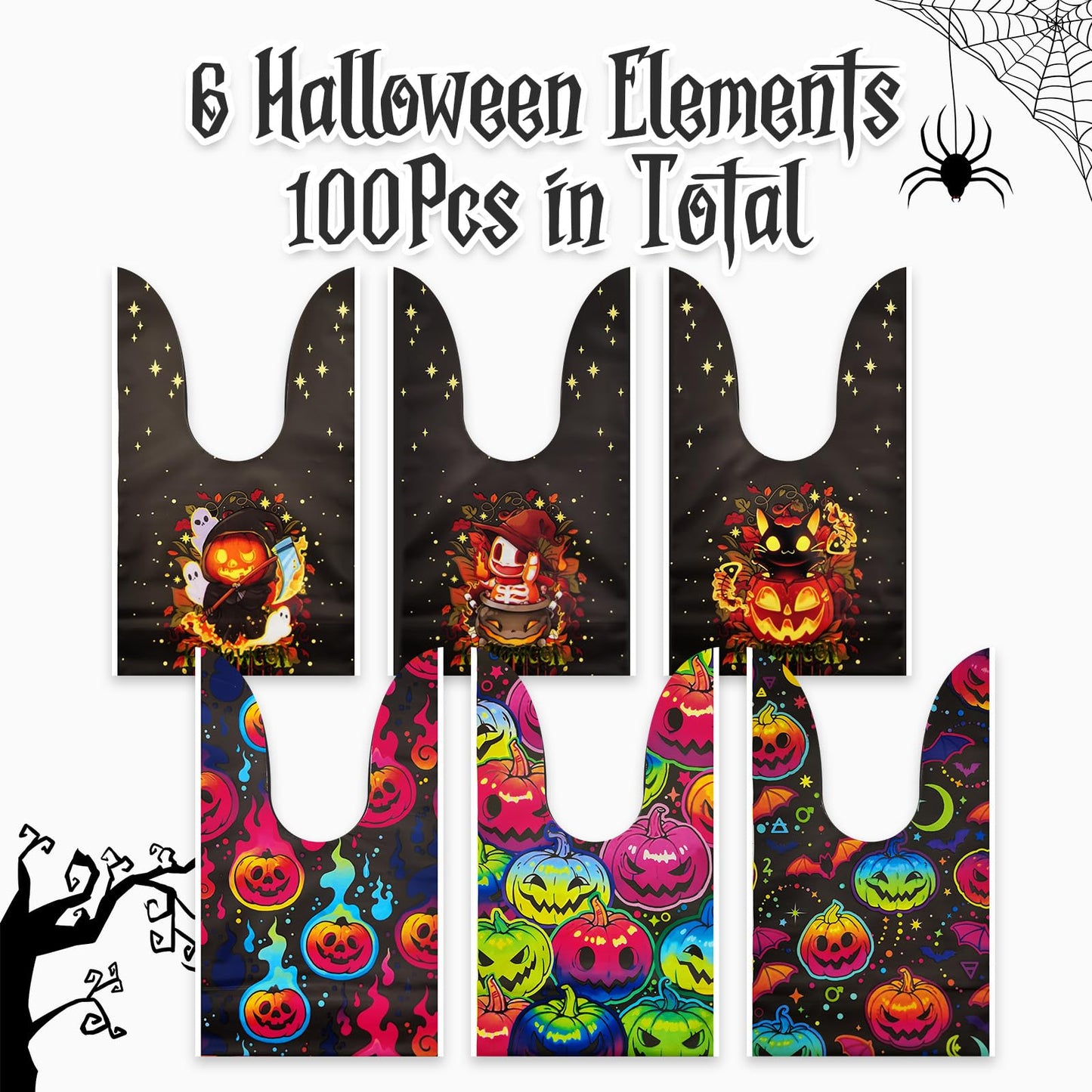 Halloween Treat Candy Bags 100pcs, Kids Small Halloween Goodie Bags Bulk, Plastic Halloween Bags for Trick or Treat, Party Favor, Popcorn, Snack and Cookie with Pumpkin, Ghost，Cat Elements