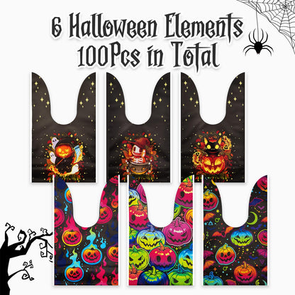 Halloween Treat Candy Bags 100pcs, Kids Small Halloween Goodie Bags Bulk, Plastic Halloween Bags for Trick or Treat, Party Favor, Popcorn, Snack and Cookie with Pumpkin, Ghost，Cat Elements