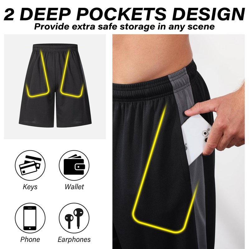 LukBerd Men's Long Athletic Shorts Black Basketball Workout Gym Shorts Below Knee Loose-Fit with Pockets L