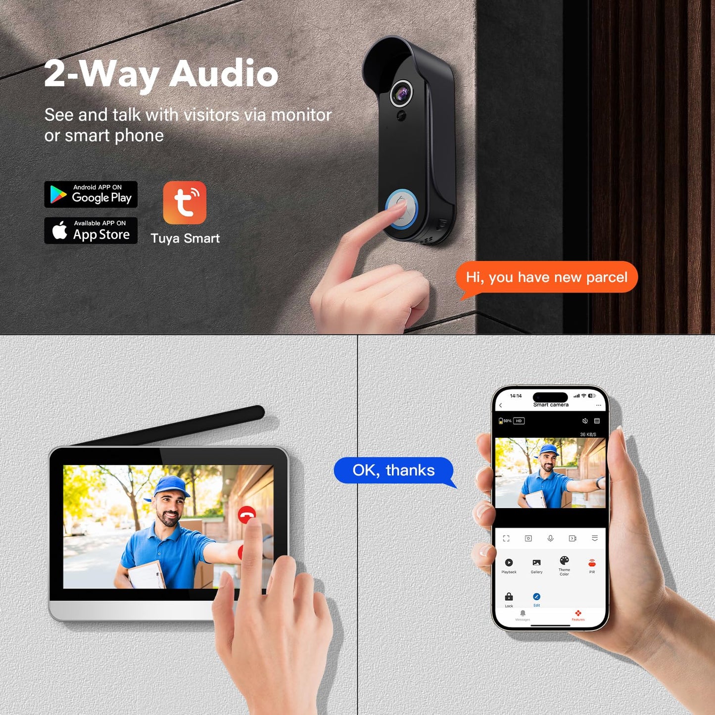 Bvavo Wireless Doorbell Camera with Monitor Video Door Phone Intercom System 1080P 7'' Touch Screen Two-Way Audio Smart Door Bell with Night Vision, Motion Detection, No Monthly Fees, Tuya APP