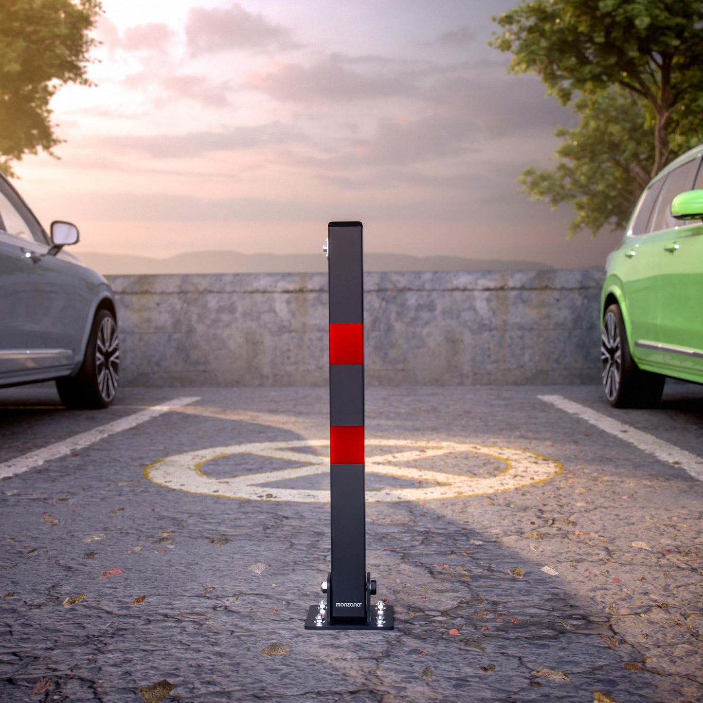 DEUBA® 3X Car Security Barrier for Driveways | Telescopic Retractable Parking Space Bollard | 3 Keys | Pre-Drilled Base Plate, Reflective Strips