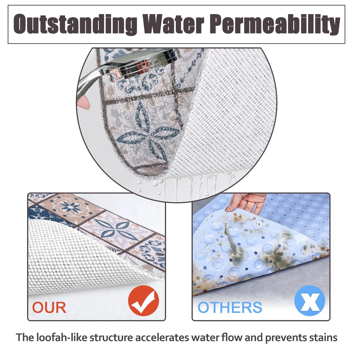 Square Shower Mat 24x24 Inch Non Slip Bath Mat for Inside Shower Loofah Shower Mat for Elderly Soft Textured Foot Massage Pad Bathroom Floor Mat for Wet Area, Without Suction Cups, Quick Drying
