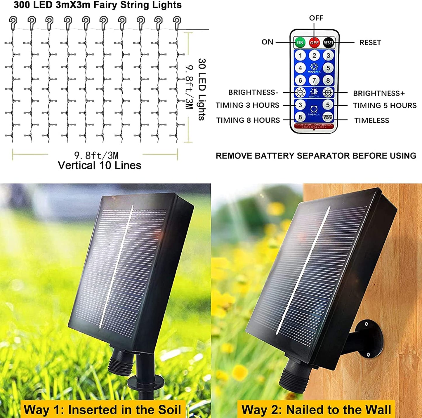 Whywhife Solar Curtain Lights Outdoor Garden 300 LED Fairy String Lights 8 Modes Remote Control Waterproof Waterfall Lights for Gazebo Patio Home Festival Wedding Wall Christmas Decorations(White)