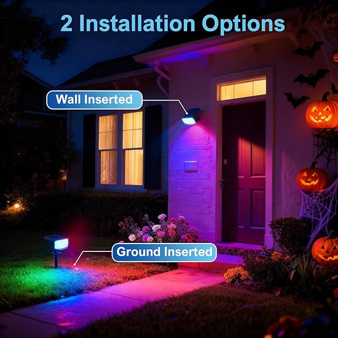 Color Changing Solar Spot Lights Outdoor Waterproof IP65,9 Lighting Modes Multicolor RGB Halloween Spotlight for Porches Yard Gardens Landscape Deconrations-6 Pack