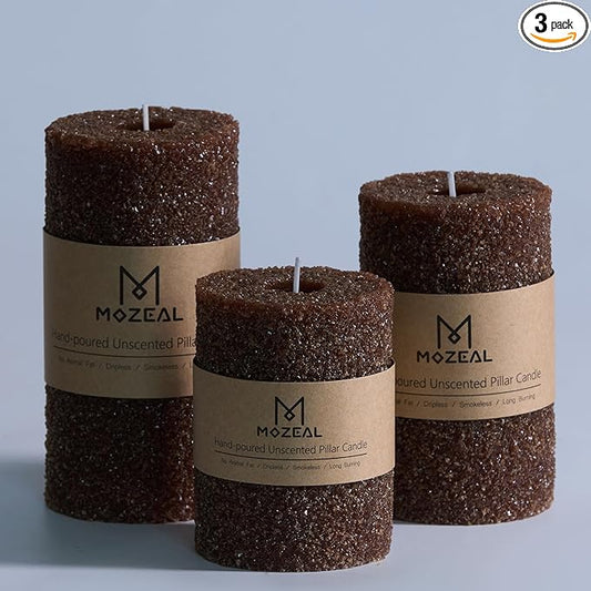 MOZEAL Hand-Poured Granular Texture Decorative Brown Pillar Candles Set of 3 (3"x4", 5", 6"), Dripless, Unscented, Smokeless, for Rustic Farmhouse, Cozy Winter & Warm Earthy Home Décor