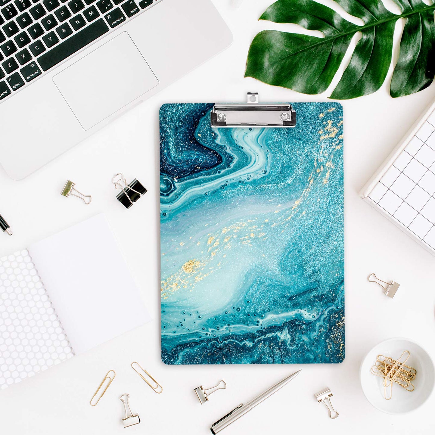 Hongri Wooden Clipboard, Fashion Design Clip Board for Classroom Students,Teacher, Women, Kids, Cute Custom Pattern, Standard Letter Size 9 x 12.5 in with Low Profile Metal Clip, Teal Marble