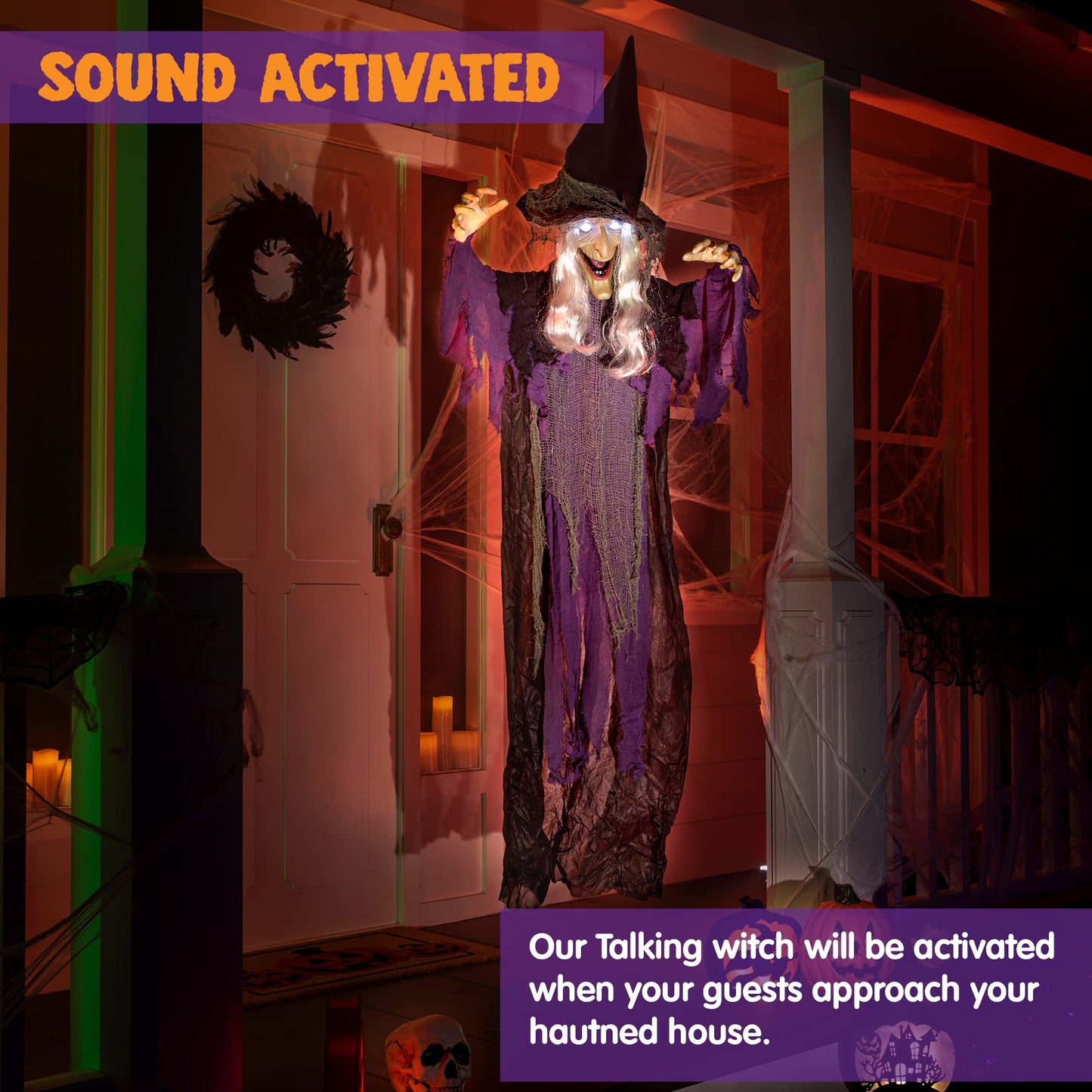 JOYIN 72” Halloween Hanging Witch Decorations Outdoor, Flying Talking Ghost Decor Light Up Eyes Sound Activated, Outside Indoor Haunted House Prop for Lawn Yard Garden, Purple