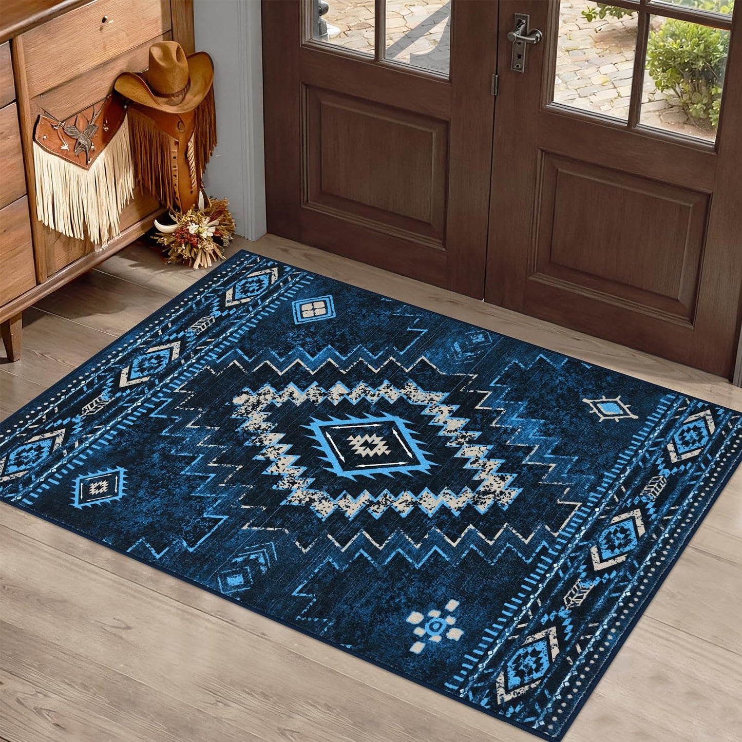 Yinhua Western 2x3 Rug Non-Slip, Aztec Entryway Rugs Low-Pile, Navy Blue Moroccan Washable Rug Stain Resistant, Front Door Rugs with Rubber Backing for Bathroom Kitchen Hallway