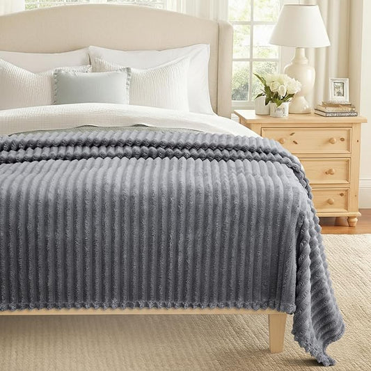 decorUhome Soft Fleece Grey Blanket King Size for Bed, Cozy Fluffy Plush Flannel Large Striped Throws for Couch Sofa, Lightweight Decorative Fuzzy Blanket for Woman, 108x90 Inches