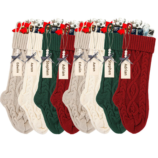 18 Inches Personalized Christmas Stockings: 8 Pack Ivory Red Green Khaki Knit Christmas Stockings Set with Name Tags Christmas Decor Neutral Xmas Decorations Holiday Farmhouse Indoor Home Decor