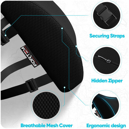 FORTEM Lumbar Support Cushion, Back Support for Office Chair and Car Seat, Back Rest for Gaming, Memory Foam Pillow, Desk Chair Cushion, Breathable & Washable Cover, Adjustable Straps
