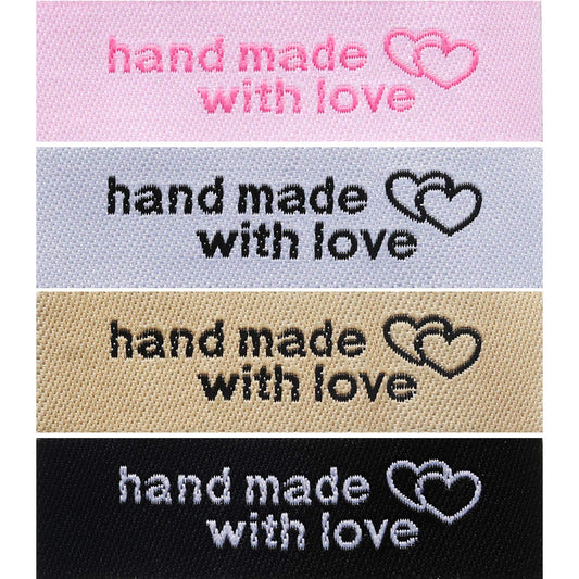 120 Pieces Personalized Sewing Labels Sew on Clothing Labels Handmade Interlocking Heart Pattern Label Tags for Handmade Items Clothes, White, Black, Pink, Brown