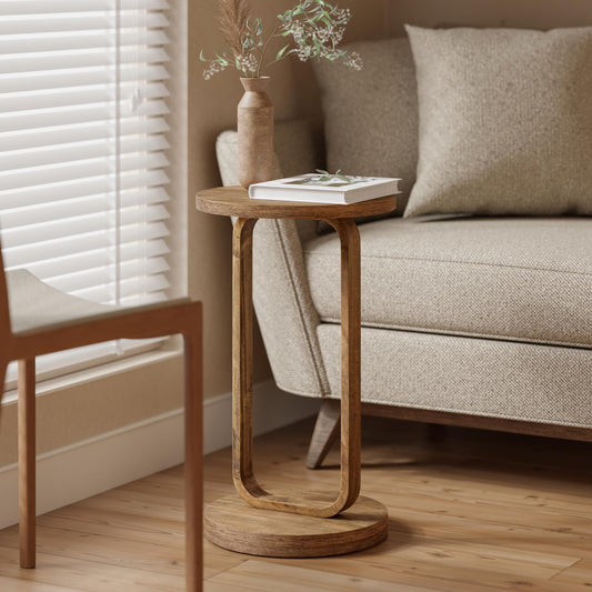 COZAYH Farmhouse Round End Table, Minimalist Small Drink Table, Rustic Plant Stand for Living Room or Bedroom, Boho, Natural Wood Color