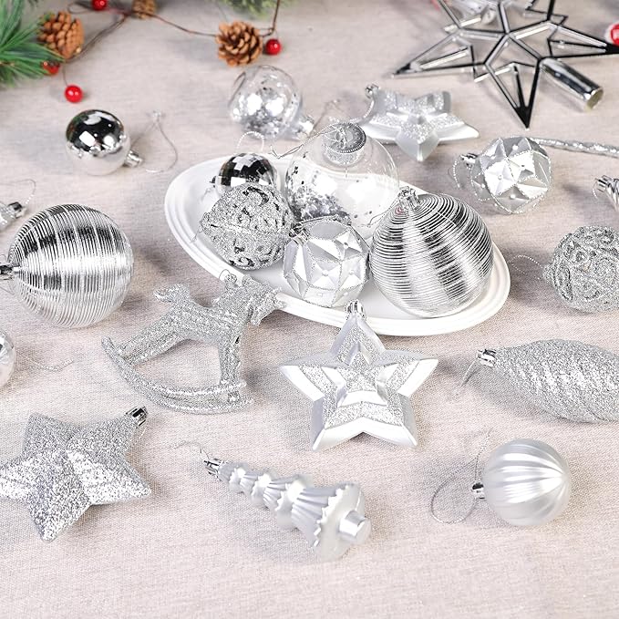 SHareconn 100pcs Christmas Tree Decorations Ornaments Set, Shatterproof Plastic Baubles Decorative Balls for Xmas Tree Decor Holiday Wedding Party, Sliver
