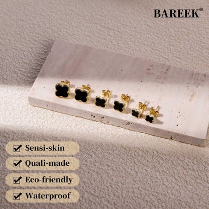 Clover Earring 3 Pair Small Clover Stud Earrings for Women Four Leaf Hypoallergenic Earrings Sensitive Ears for Birthday Christmas Anniversary Lucky Gifts (Gold Clover Stud Earrings/Black)
