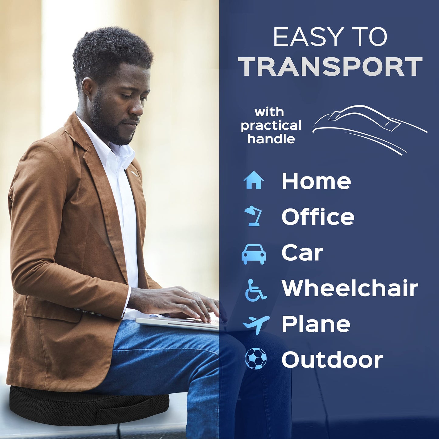 bonmedico Memory Foam Seat Cushion for Office Chair - Non-Slip, Seat Pads for Coccyx Pain Relief to Support Standing - Portable Car Seat Cushion w/Handle for Lower Back Support