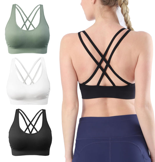 AKAMC 3 Pack Cross Back Sport Bras Padded Strappy Cropped Bras Full Coverage Workout Fitness Daily Comfort Bras,X-Large