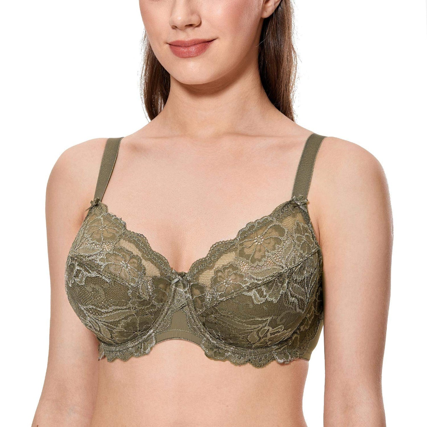 CALVENA Women's Lace Bra Full Coverage Non Padded Underwired Unlined Plus Size Bra for Everyday Comfort Camouflage 34DD