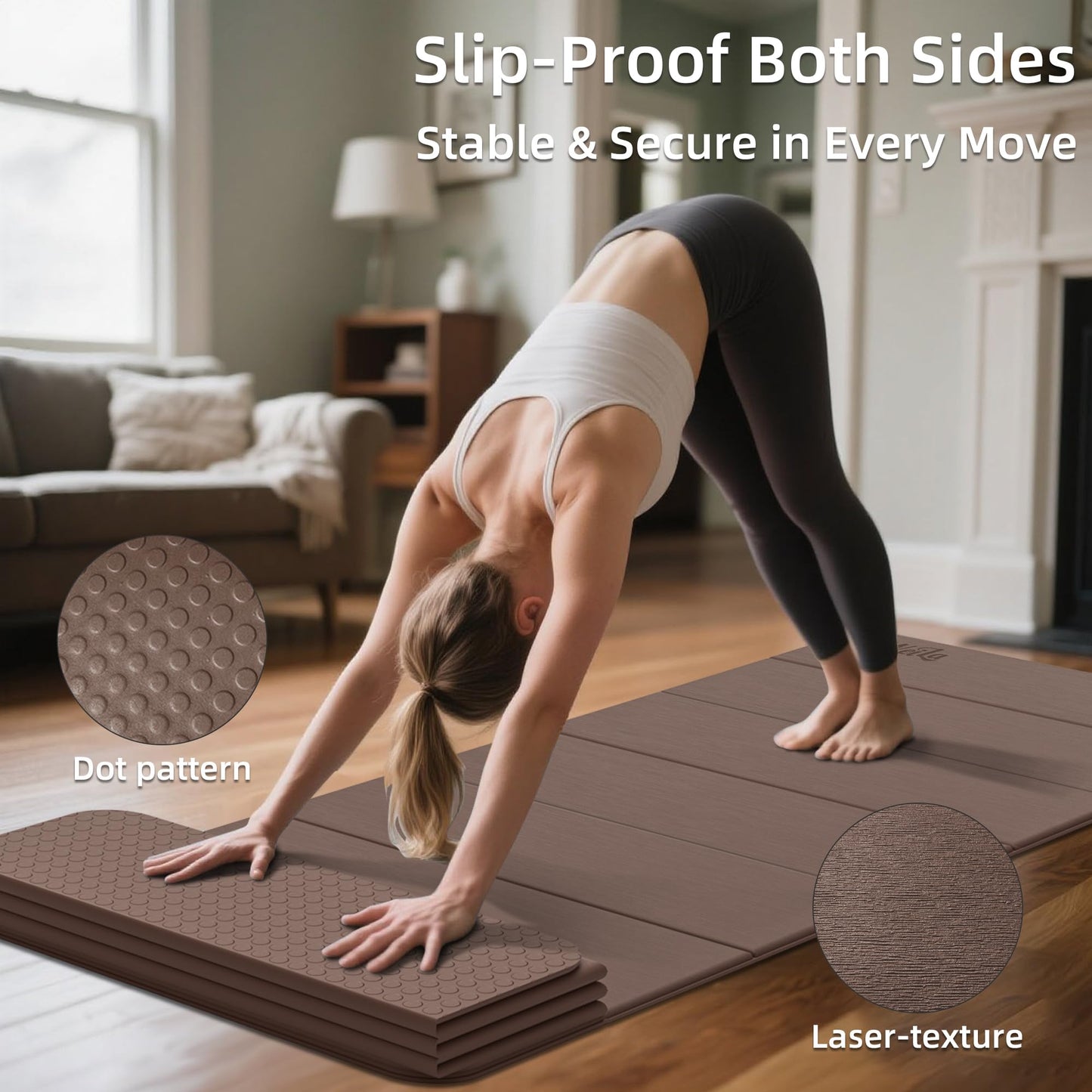 Extra Large 75"x32" Foldable Yoga Mat, Durable Non-Slip TPE Fitness Mat for Yoga, Pilates, Floor Workouts, 7-Fold Portable for Home Gym & Travel (6mm Thick)(Brown)
