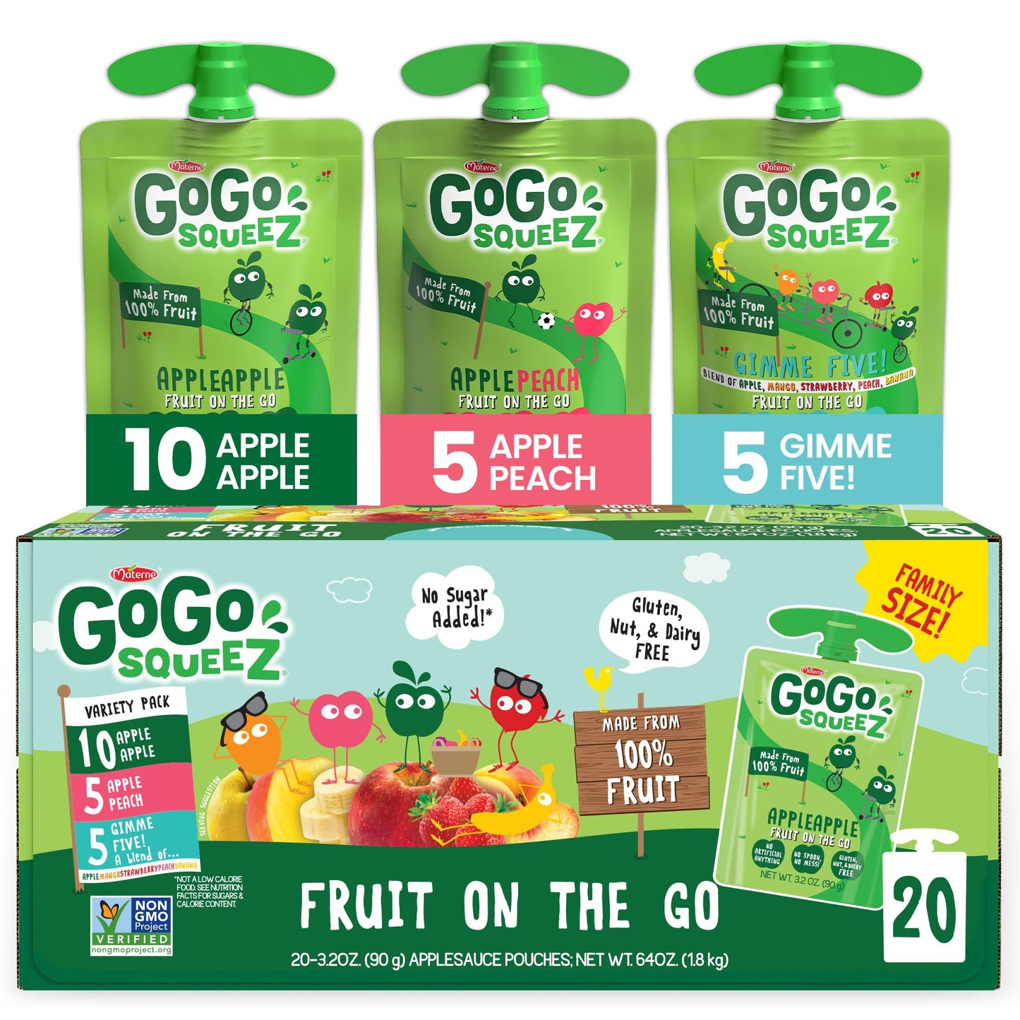 GoGo squeeZ Applesauce and Fruit Puree Variety Pack, Apple, Peach & Gimme Five!, 3.2 oz (Pack of 20), Unsweetened Fruit Snacks for Kids, Gluten Free, Nut Free and Dairy Free, BPA Free Pouches