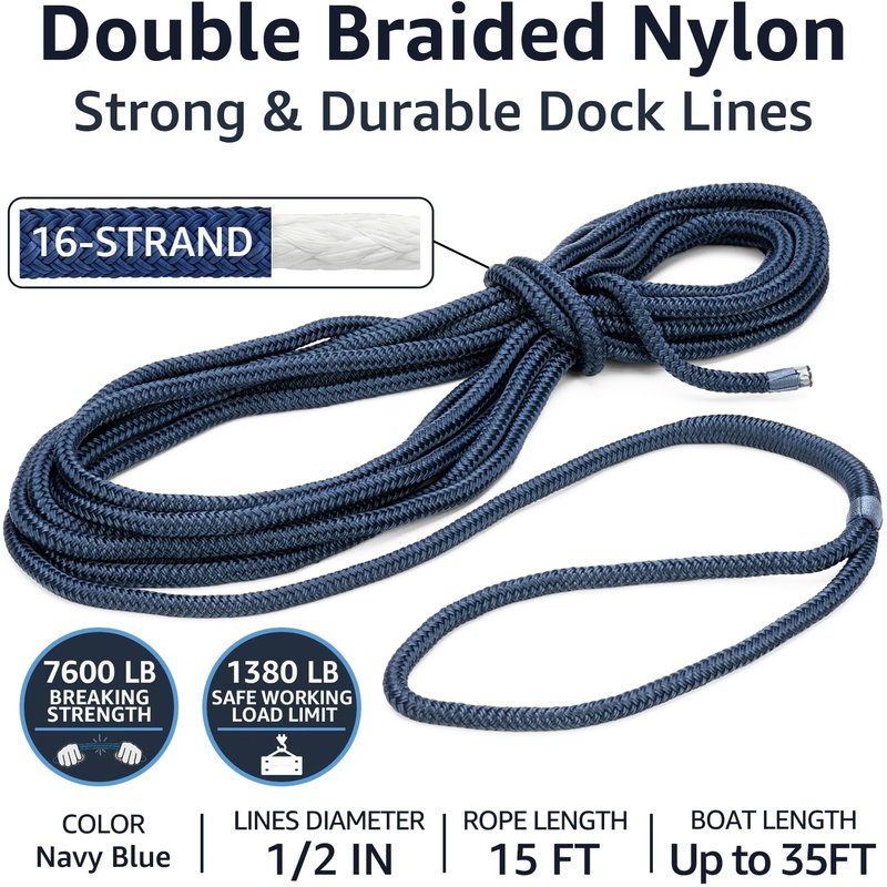 PACTHSD Double Braid 1/2" x 15' Boat Dock Lines (4-Pack) – Nylon Boat Ropes for Docking with 12" Spliced Eye – Heavy Duty Marine Rope – Soft & Durable Boat Lines for Pontoon and Light Boat (Navy Blue)