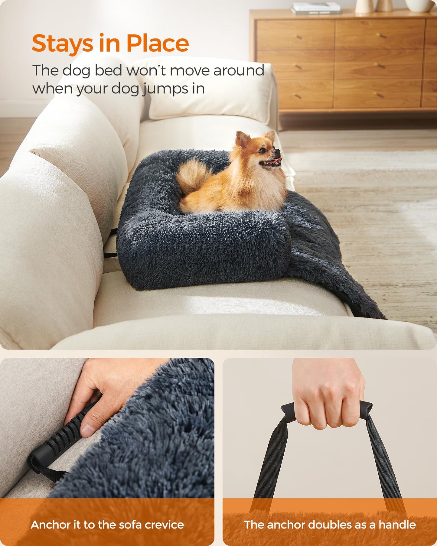 Feandrea FluffyHug Sofa Bed, Cover, Calming Bed for Small and Medium Dogs, M, 80 x 75 x 16 cm, Dark Grey PGW221G02