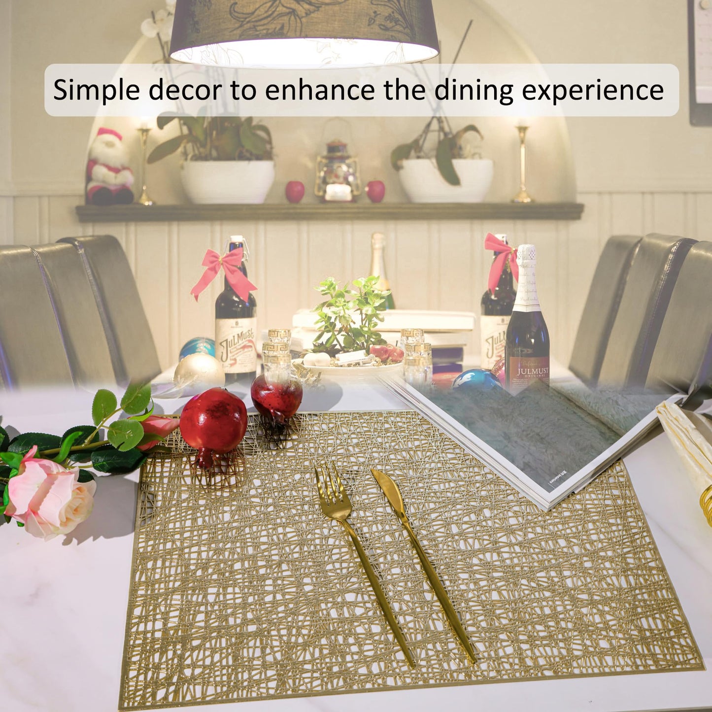 Snowkingdom Gold Placemats Set of 4, Golden Vinyl Rectangle Metallic Wipeable Place mats, Washable Non Slip Stain Resistant Hollow Kitchen Dining Table Mats for Halloween Wedding Party Decoration
