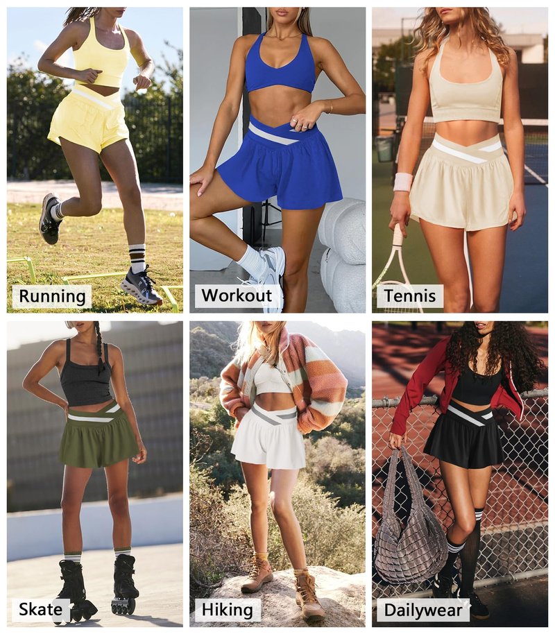 Hragc Womens Athletic Workout Apricot Shorts Flowy Butterfly Elastic Crossover High Waisted 2 in 1 Running Shorts with Pockets for Women Large