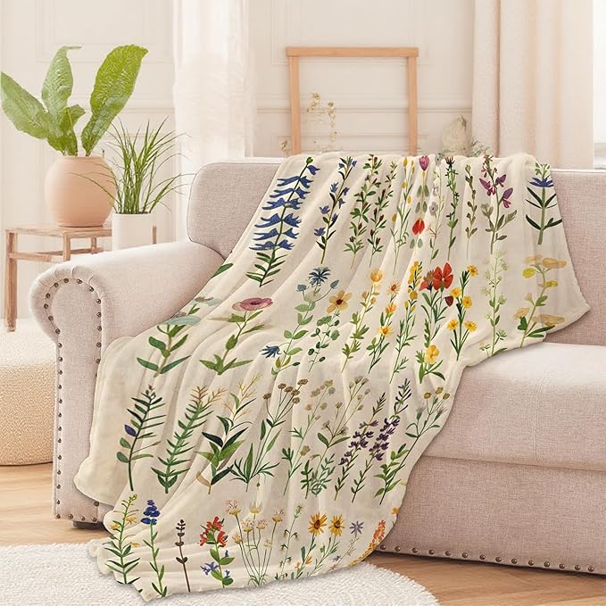 Wildflower Botanical Throw Blanket for Boys Girls Kids Adults Women, Fuzzy Warm Soft Cozy Flannel Blankets Gifts for Bedroom, Couch, Travel, Home Decor 60x80 in