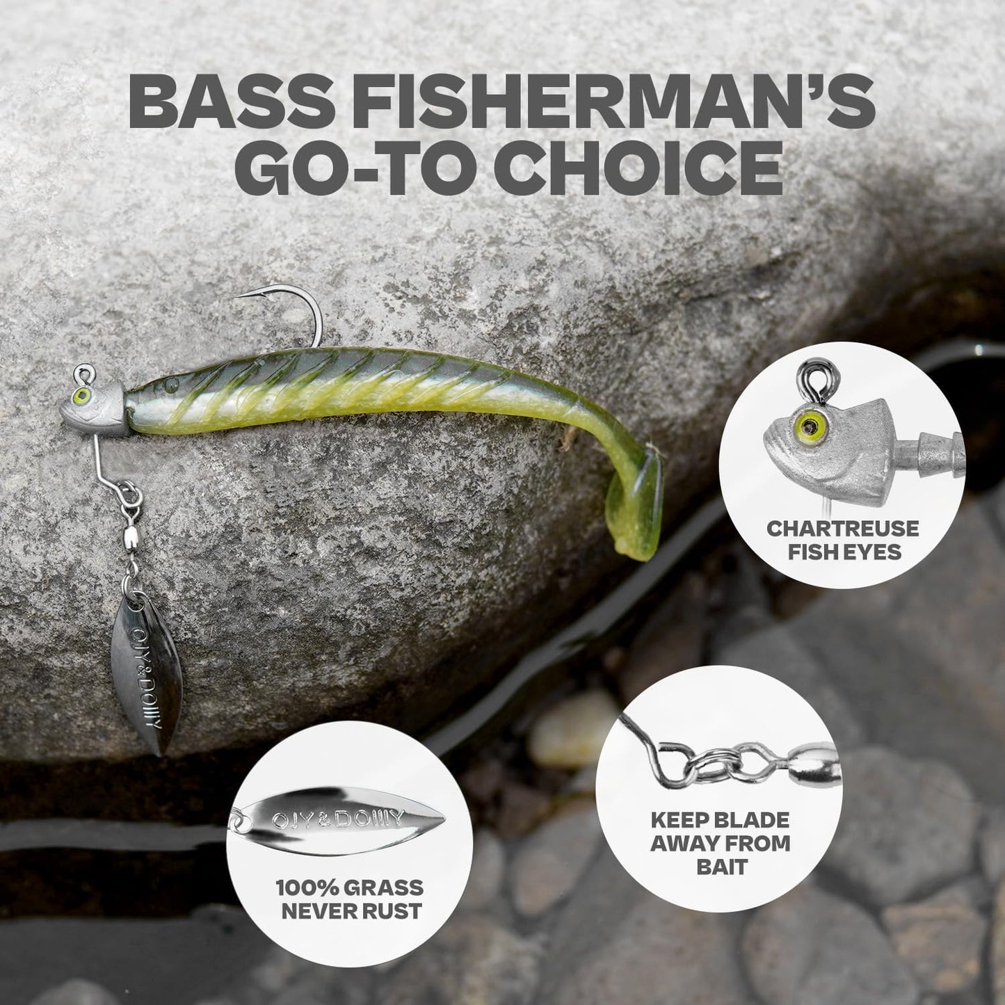 6-Pack Underspin Jig Heads with 100% Brass Blade (Never Rust) - 3/16oz, 1/4oz, 3/8oz, 1/2oz - Bass & Saltwater Fishing