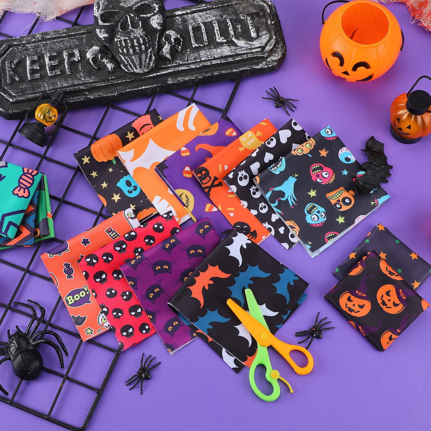 Tudomro 32 Pcs 10 x 10 Inches Halloween Fabric Holiday Quilting Cloth Fat Quarters Printed Sewing Craft Bat Pumpkin Ghost Skull Fabric for DIY Halloween Decor Patchwork Supplies