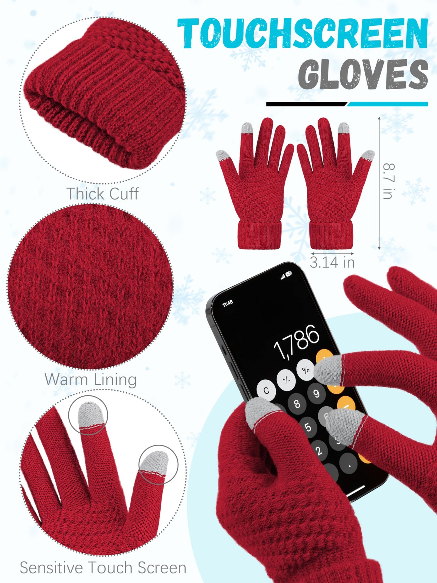 Winter Hat Scarf Gloves and Ear Warmer, Knit Warm Beanie Hat Touch Screen Gloves Long Knitted Plaid Scarf Set Gifts for Women Red