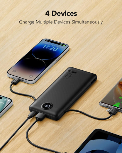 VRURC Portable Charger Built-in Cables and AC Wall Plug, USB C Power Bank 10000mAh, Travel Essentials Phone Charger Compact Lightweight External Battery Pack for Smart Phones, Tablets etc-Pink
