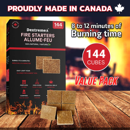 Dextreme Fire Starter Pack of 144/48 Natural Fire Starters Cubes for Campfires, Charcoal, BBQ, Grill Pit, Fireplace, Wood Stoves, Smokers and Camping - Easy to Ignite and Non Toxic… (144 Squares)
