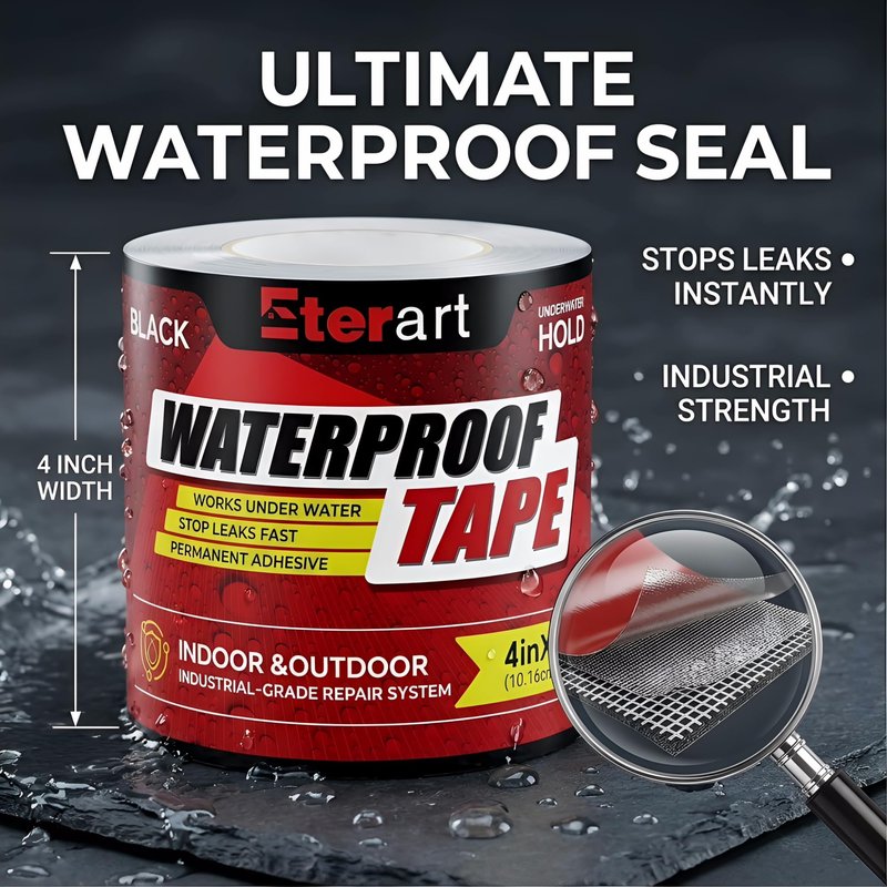 Waterproof Tape Black 4 Inch x 10 FT - Heavy Duty Rubberized Seal Repair for Active Leaks - Fix Roofs, Underwater Pool Liners & Pipes - All-Weather Emergency Patch Tool for Homeowners & Campers