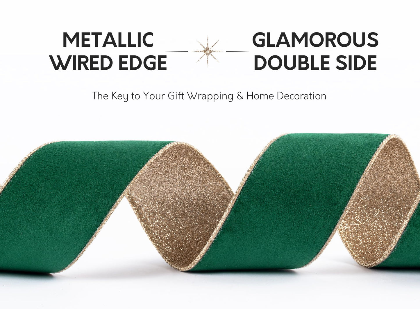 Keypan Green Velvet Ribbon for Christmas Tree Wired Ribbons for Decoration Wreath Home Decor Gift Wrapping 2-1/2 Inch Wide with Gold Metallic Glitter 10 Yards