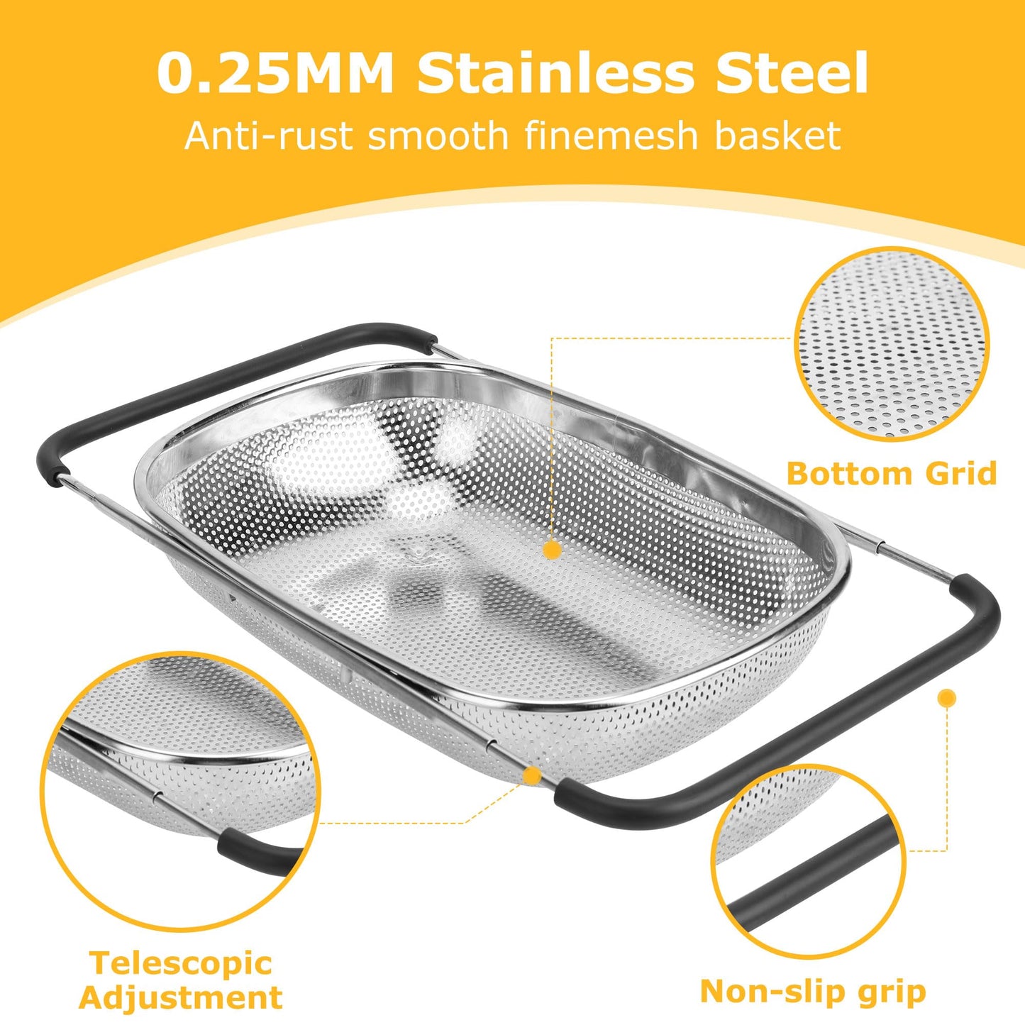 ZDRongZhen Kitchen Accessories Over the Sink Colander Strainer Basket，Stainless Steel Colander with Expandable Rubber Grip Sink Drainer-Rinse Vegetables Fruits &Strain&Drain (Large-Dense round hole)