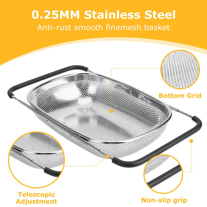 ZDRongZhen Kitchen Accessories Over the Sink Colander Strainer Basket，Stainless Steel Colander with Expandable Rubber Grip Sink Drainer-Rinse Vegetables Fruits &Strain&Drain (Large-Dense round hole)