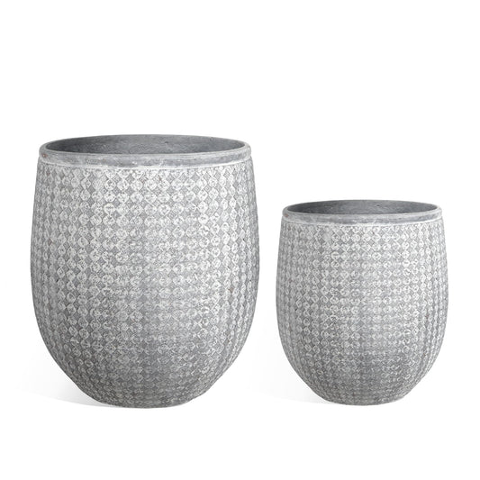 Worth 12" and 14.5" Round Planters, Lightweight Magnesium Oxide Cement Plant Pot, Raised Pattern Concrete Look with Drainage Hole, Grey