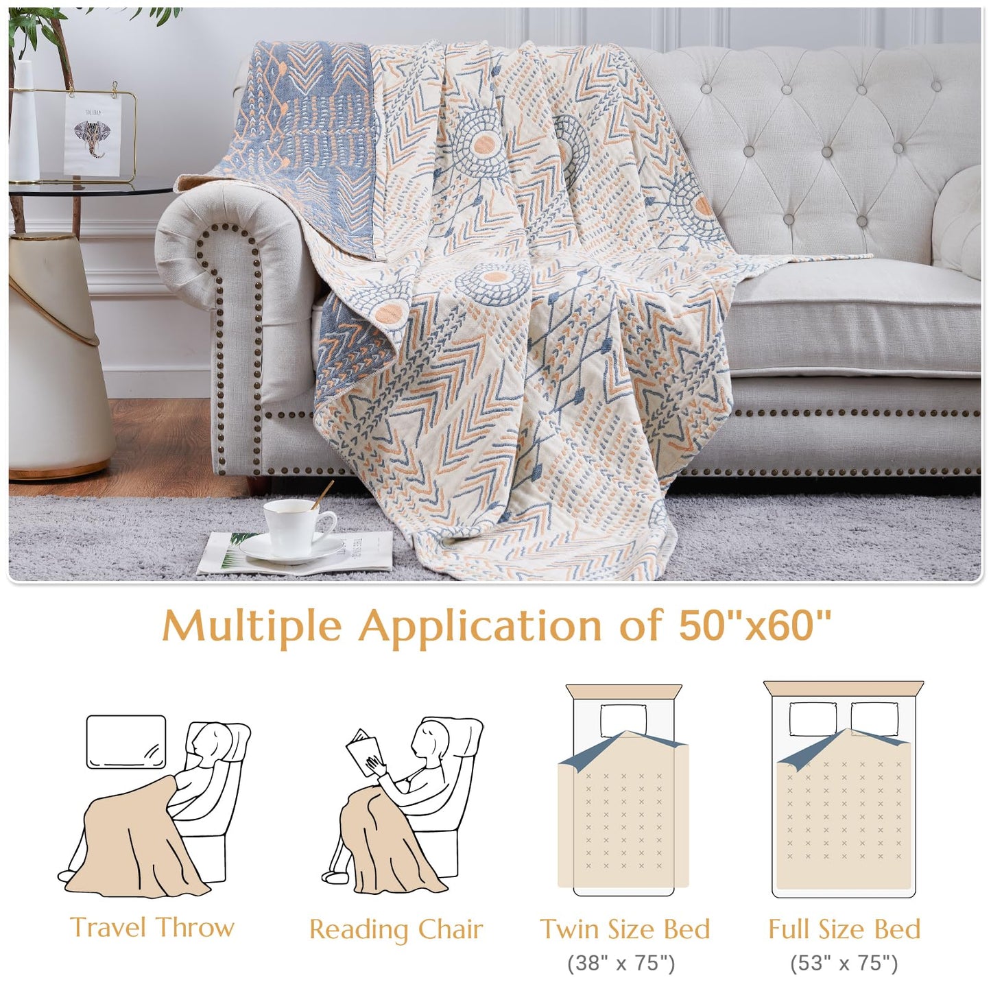 jinchan Boho 100% Cotton Muslin 50x60 Throw Blanket Lightweight 4-Layer Orange Multi Reversible Blanket Washable Breathable Decorative Geometric Striped Pattern Soft Comfy for Couch Bed All Seasons