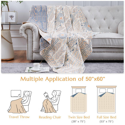 jinchan Boho 100% Cotton Muslin 50x60 Throw Blanket Lightweight 4-Layer Orange Multi Reversible Blanket Washable Breathable Decorative Geometric Striped Pattern Soft Comfy for Couch Bed All Seasons