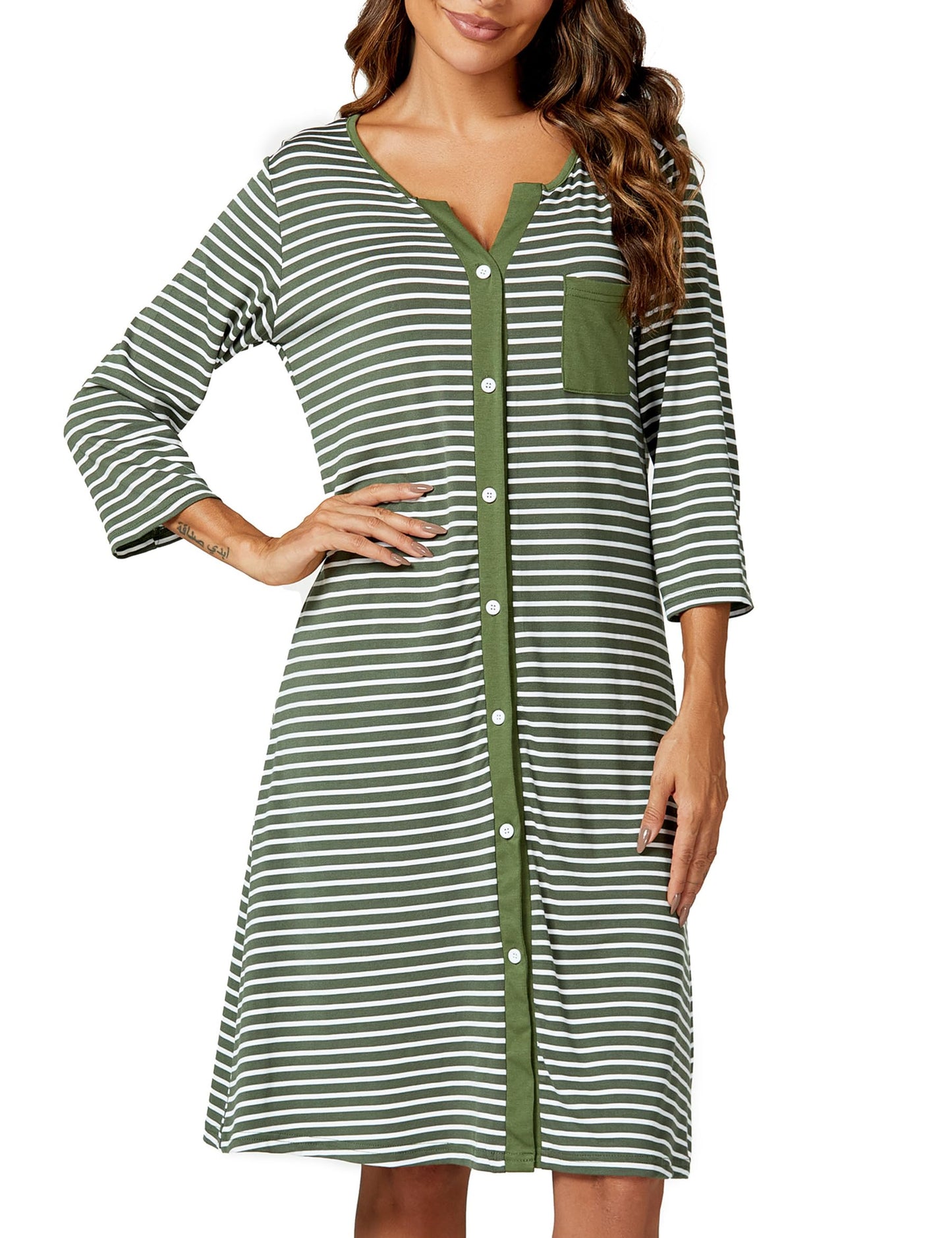 Marvmys Maternity Nightdress For Hospital Breastfeeding Nightwear 3/4 Length Sleeves Nursing Nightgown Button Down Sleep Shirt V Neck Pajama Soft Loungwear For Pregnant Women A-Green M